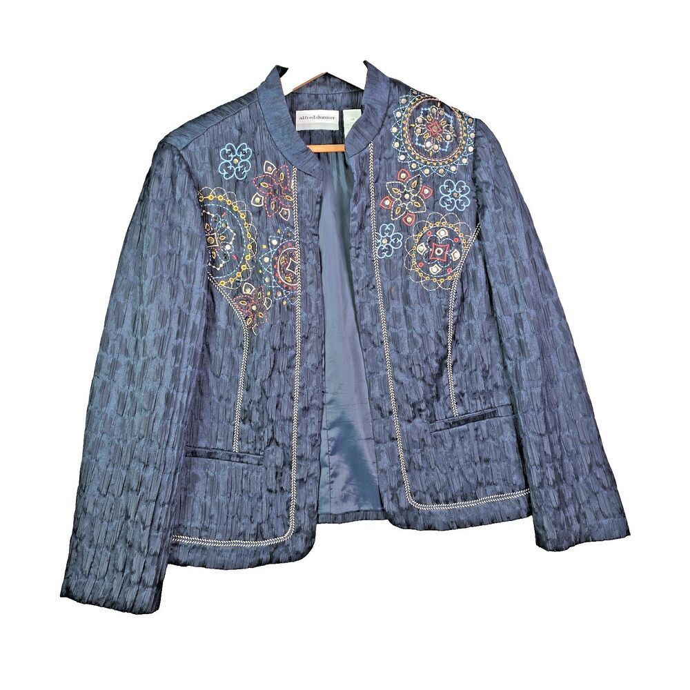 Alfred Dunner 12P blue embroidered floral boho open jacket lined whimsy cottage